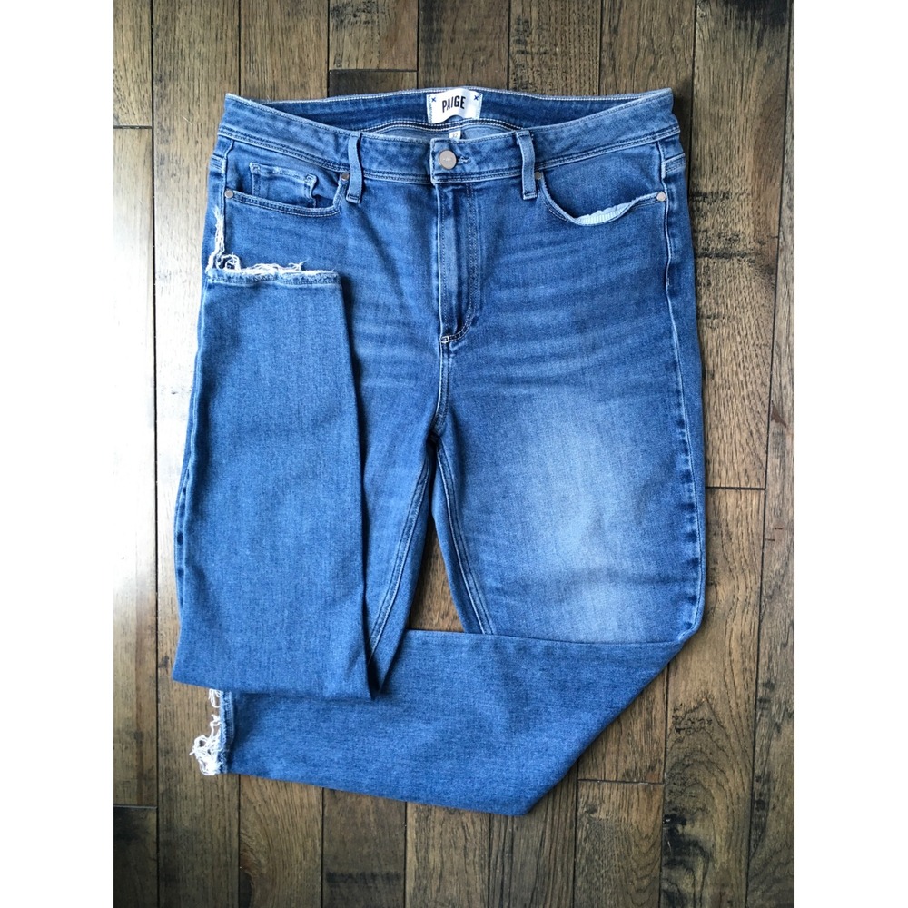 Paige Hoxton Ankle High Rise Skinny Jeans Medium Wash Raw Hem Size 32